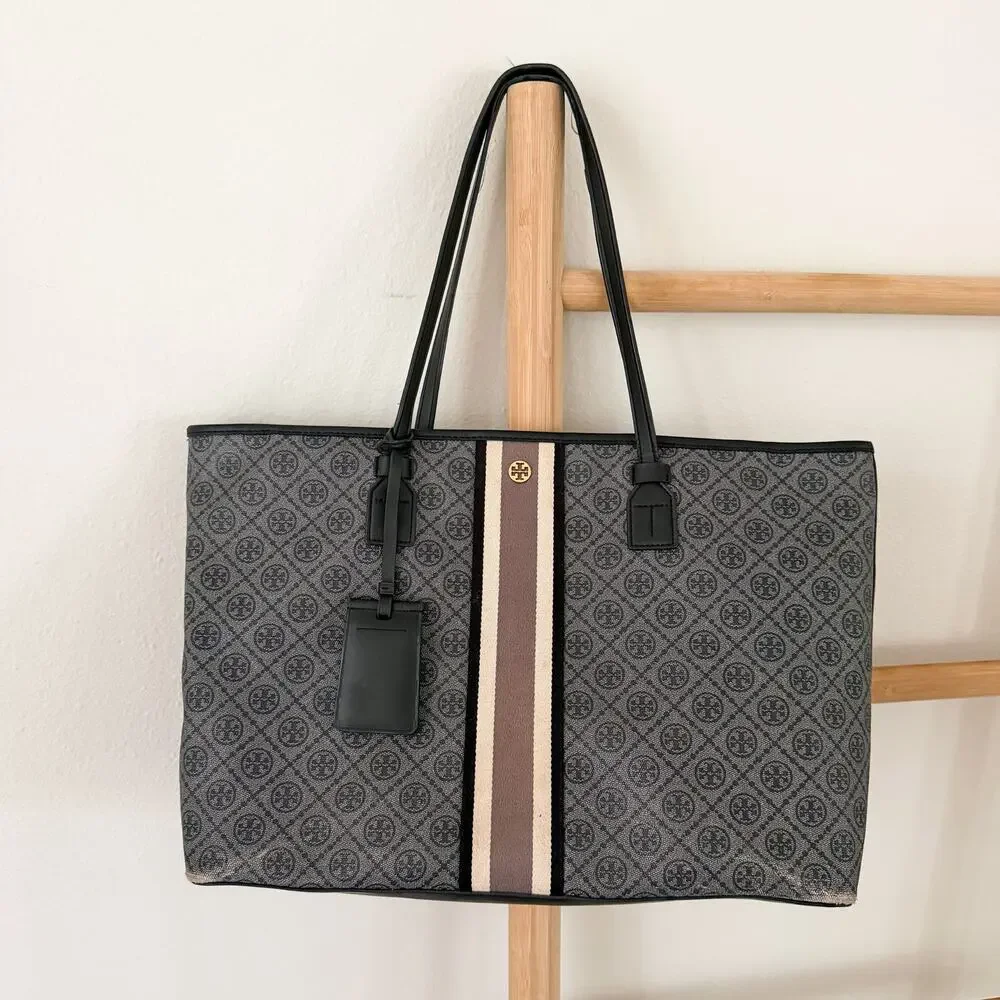 Tory Burch T Monogram Coated Canvas Large Tote Shopper Bag Gray Black Leather